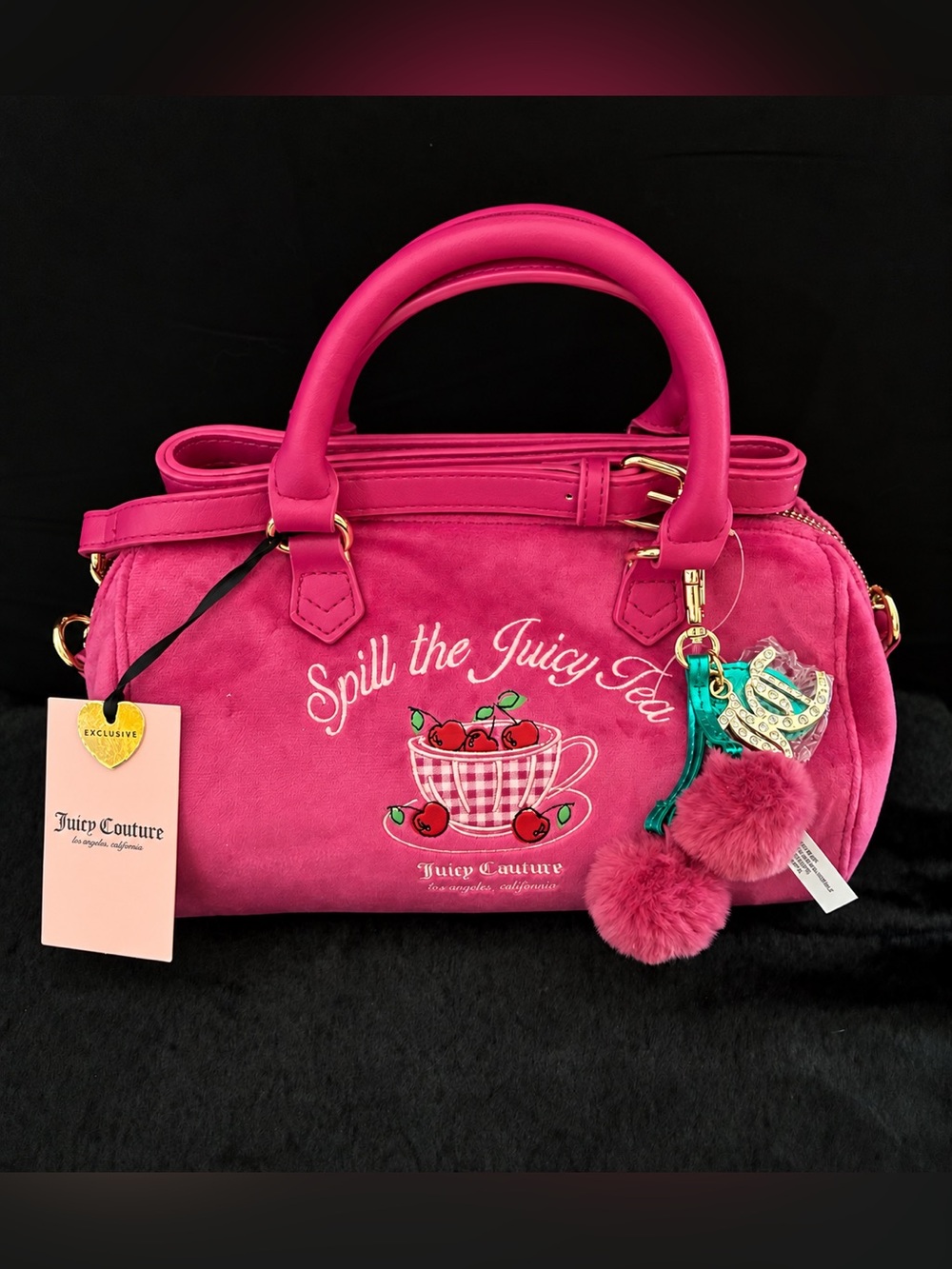 Juicy Couture Sweet Tea Party Satchel Raspberry Tart Pink Velour Cherry Bag NWT